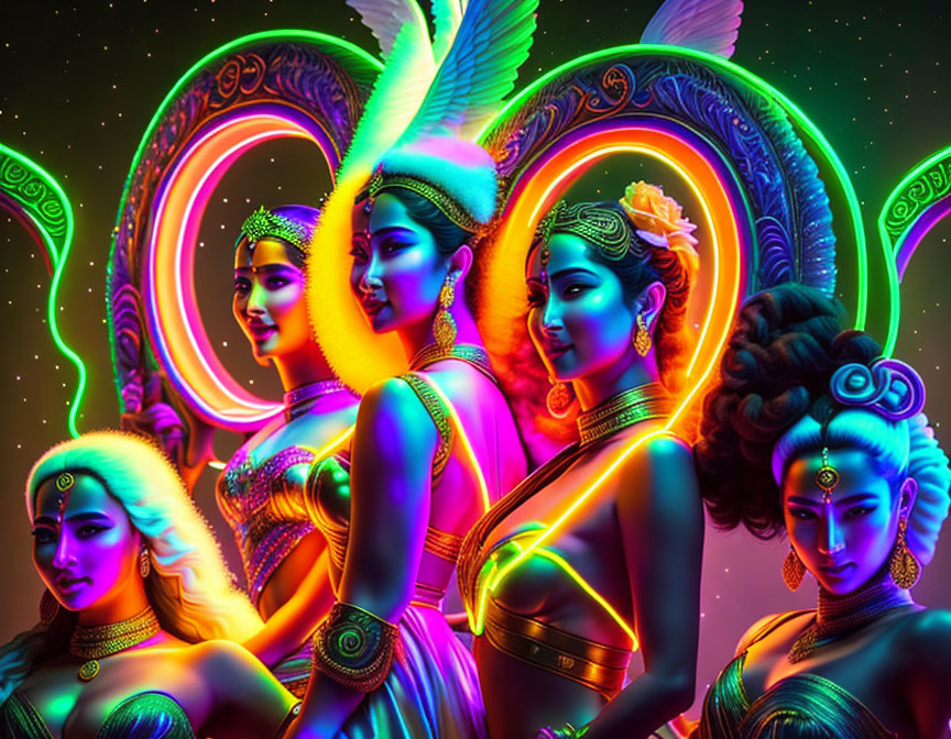 Colorful digital artwork featuring five stylized women with peacock feather details and neon outlines on a cosmic