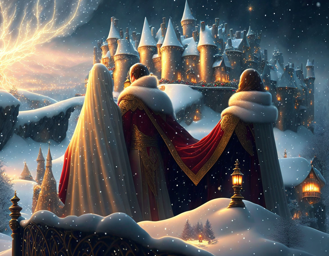 Robed Figures with Lanterns at Snow-Covered Castle