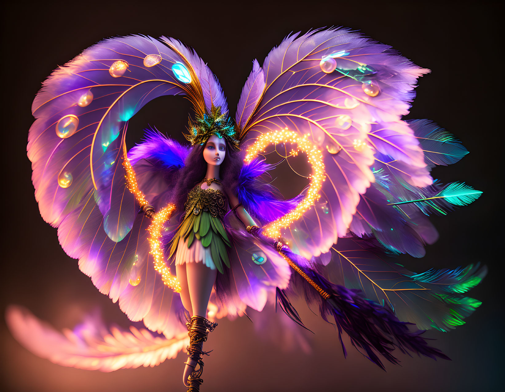 Vibrant digital artwork: Fairy with luminescent wings in purple and blue