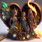 Metallic figurines of traditional scene with peacock feathers on snowy backdrop