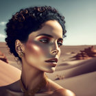 Woman with Golden Skin and Elaborate Makeup in Desert Portrait