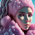 Vivid Digital Artwork of Female Figure with Blue Skin and Pink Crystals