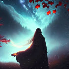 Mystical forest scene: Red cloaked figure under starry sky