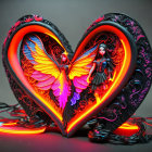 Heart-shaped ornate object with clockwork and neon lighting on neutral background with miniature structures.