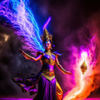 Colorful fantasy fairy figure with glowing wings and magical lights.