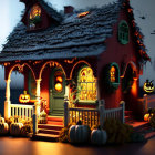 Miniature Halloween House with Pumpkin Decor and Orange Lights