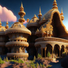 Majestic fantasy palace with golden domes against clear sky