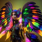 Elaborate fantasy costume with vibrant feathered wings