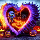 Glowing skull, carved pumpkins, heart portal, and bat in spooky Halloween scene