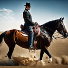 Elegantly dressed rider on brown horse against desert backdrop