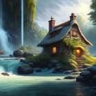 Tranquil fantasy landscape with cottage on lush hillside