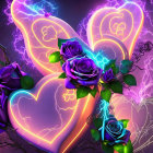 Colorful digital artwork: Multicolored roses with neon outlines on purple backdrop, intertwined with glowing lightning