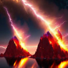 Nighttime volcanic eruption with glowing lava and ash plumes reflected in calm water
