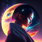 Digital artwork: Woman with cosmic and fiery elements in yin-yang against starry sky