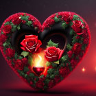 Heart-shaped portal with roses, smaller hearts, glitter, and candle