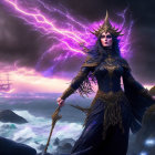 Fantastical creature with horns in mystical landscape with purple skies