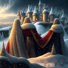 Robed Figures with Lanterns at Snow-Covered Castle