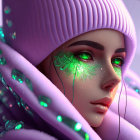 Digital artwork featuring person with emerald green eyes and leaf-like pattern, purple beanie and jacket with