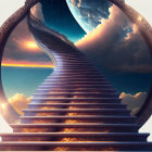 Surreal staircase merging with ornate yin-yang structure against cosmic backdrop