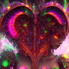 Fantasy Figures with Purple Hair and Ornate Headdresses on Neon Background