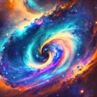 Swirling galaxy digital artwork with blue and golden hues