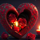 Sparkling red heart with roses and candles on dark background