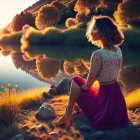 Woman sitting by river at sunset surrounded by wildflowers and greenery.