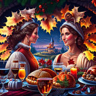 Two women in royal attire at banquet table with turkey and castle backdrop