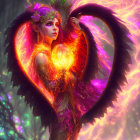 Fantastical female figure with heart-shaped wings in vibrant colors.