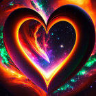 Colorful digital artwork: illuminated heart, fractal patterns, glowing feathers, cosmic background