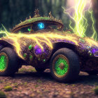 Fantastical beetle-shaped car with glowing designs in green and purple, surrounded by magical lightning in lush