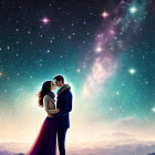 Couple standing against vibrant starry sky with cosmic nebulae