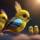 Mechanical yellow bird with two smaller birds on dark background