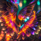 Vibrant neon feathers against soft bokeh light background