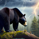 Large bear and small cub on rocky outcrop under stormy sky.