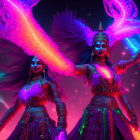 Two women in vibrant feathered costumes dancing against a dark, red-lit backdrop