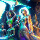 Vibrant mythical female figures with wings and golden adornments on cosmic background.