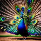 Vibrant blue and green peacock plumage with detailed textures