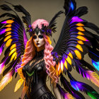 Woman in black ornate dress with colorful iridescent wings on gradient backdrop