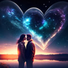 Romantic couple admiring glowing cosmic heart over starry lake