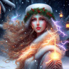 Woman in Winter Attire Holding Candle Lamp in Festive Snow Scene