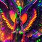 Colorful fantasy image: Woman with iridescent butterfly wings and glowing green eyes.