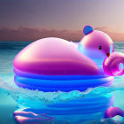 Purple Hippo-Shaped Inflatable Pool Float at Sunset