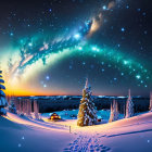 Snow-covered trees under starry sky with vibrant aurora borealis