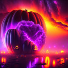 Vibrant Halloween digital artwork with ominous moon, lightning, tree, jack-o'-lanterns