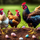 Colorful Chicken Group on Rich Soil with White and Iridescent Eggs