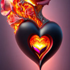 Detailed artwork of demonic visage on heart with fiery mane and sinister figure inside