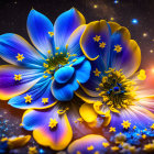 Blue and yellow flowers on cosmic background: ethereal space-garden.
