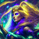 Mystical female figure with radiant crown in swirling purple and gold energy