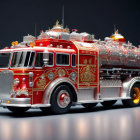 Detailed Red and Chrome Classic Fire Engine Model with Golden Accents